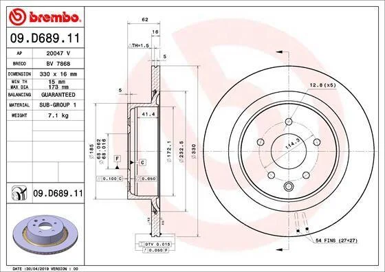 Диск гальмівний BREMBO 09.D689.11 (фото 1)