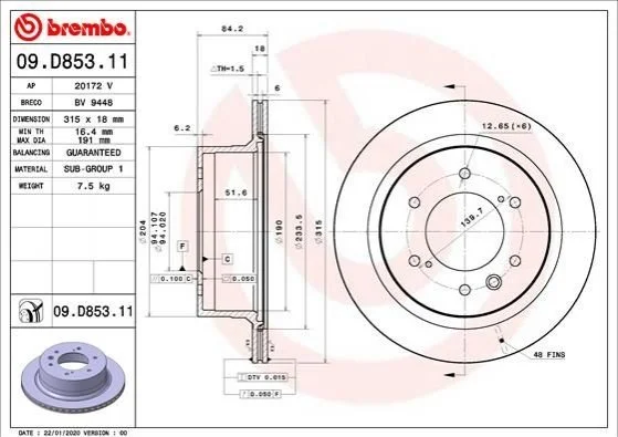 Гальмівний диск двосторонній на задній міст вентильований 6 BREMBO 09.D853.11 (фото 1)