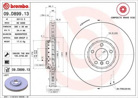 Гальмівний диск двосторонній на передній міст вентильований 5 BREMBO 09.D899.13