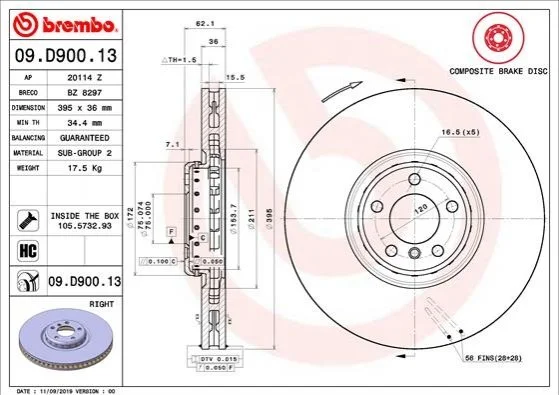 Торзмозной диск двухсторонний на передний мост вентилируемый 5 BREMBO 09.D900.13 (фото 1)