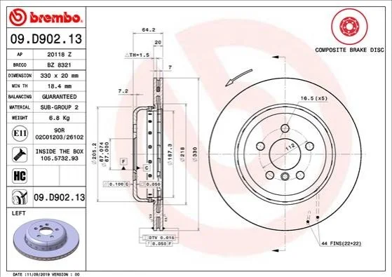 Гальмівний диск зліва на задній міст вентильований 5 BREMBO 09.D902.13 (фото 1)
