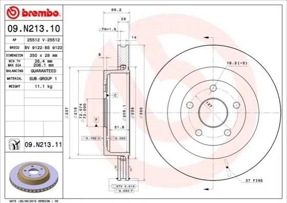 Торзмозной диск двухсторонний на задний мост вентилируемый 5 BREMBO 09.N213.11 (фото 1)