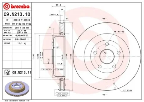 Торзмозной диск двухсторонний на задний мост вентилируемый 5 BREMBO 09.N213.11