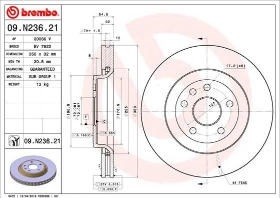 Торзмозной диск двухсторонний на передний мост вентилируемый 5 BREMBO 09.N236.21 (фото 1)