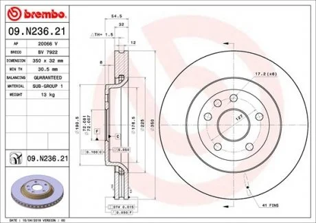Торзмозной диск двухсторонний на передний мост вентилируемый 5 BREMBO 09.N236.21