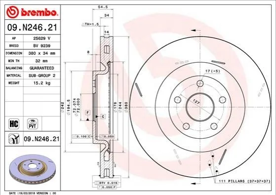 Торзмозной диск двухсторонний на передний мост вентилируемый 5 BREMBO 09.N246.21 (фото 1)