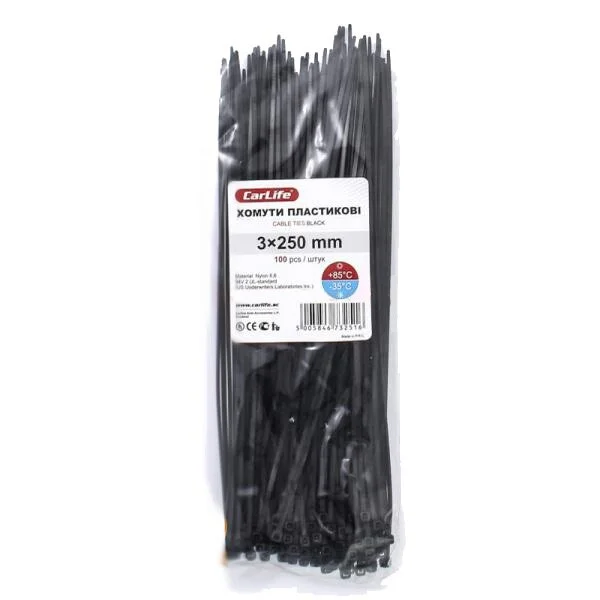Хомуты пластиковые черные 3,0x250 CarLife BL3.0X250 (фото 1)