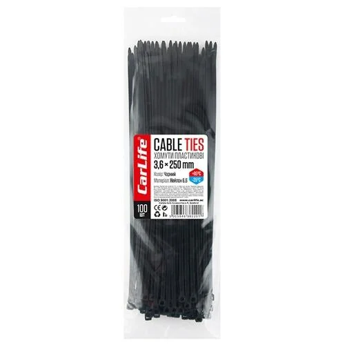 Хомуты пластиковые Carlife черные 3,6x250 100шт CarLife BL3.6X250 (фото 1)
