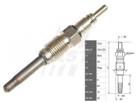 Свеча накаливания FIAT Doblo 00-13, Punto 03-10, Bravo 95-01; ALFA ROMEO 156 97-07, 166 98-07, 147 00-10; LANCIA Lybra 99-05 FAST FT82725