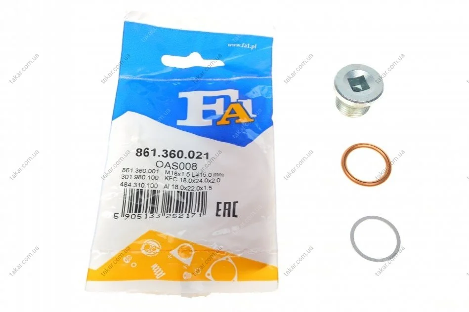 Пробка масляного піддону M18x1.5 L=15 (вир-во Fischer) Fischer Automotive One (FA1) 861.360.021 (фото 1)