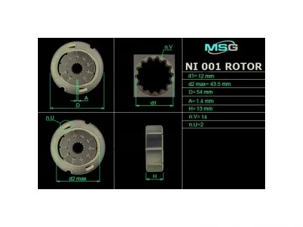 Ротор, статор і пластини насоса ГУР RENAULT Trafic 00-14; HYUNDAI Accent MC 06-10; FORD Galaxy 06-15; FIAT Doblo 00-09; KIA Rio JB 06-11; BMW 3 E46 99-05; PEUGEOT Partner 08-; NISSAN Primastar 02-14; MITSUBISHI Pajero Sport 99-09; CITROEN Berlingo 08 MSG NI001ROTOR