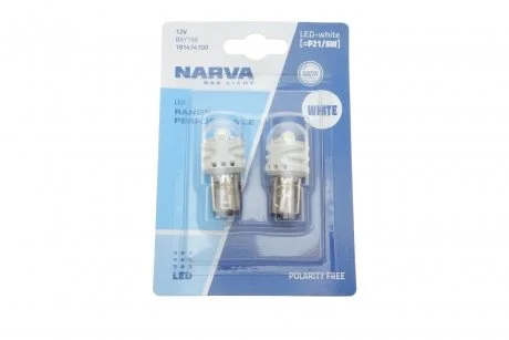 Лампа светодиодная P21/5W white LED Range Performance 2.4/0.48W BAY15D (блистер 2шт) (пр-во Narva) NARVA 181474100