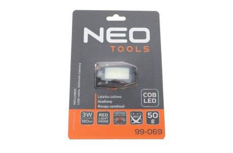 Налобний ліхтар Tools 3 Вт, 500 мАг, COB LED Чорний датчик руху Neo 99069