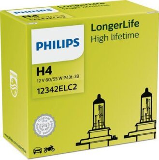 Лампа розжарювання H4 12V 60/55W P43t-38 LongerLife 2 x lifetime (2шт.) PHILIPS 12342ELC2