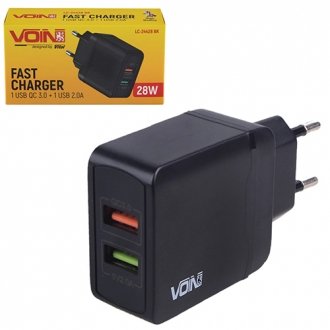 Мережевий зарядний пристрій 28W, 2 USB, QC3.0 (Port 1-5V*3A/9V*2A/12V*1.5A. Port 2-5V2A) Voin 00000054196 (фото 1)