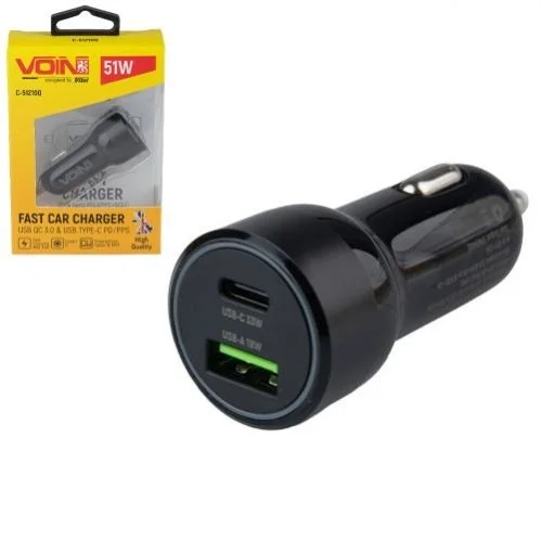 Автомобільний зарядний пристрій VOIN 51W, 1USB QC3.0 18W + 1PD 33W, 12/24V (C-51210Q) Voin 00000060372 (фото 1)