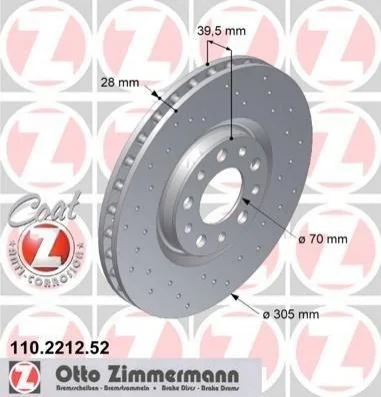 Торзмозной диск двухсторонний на передний мост вентилируемый 10 ZIMMERMANN 110221252 (фото 1)