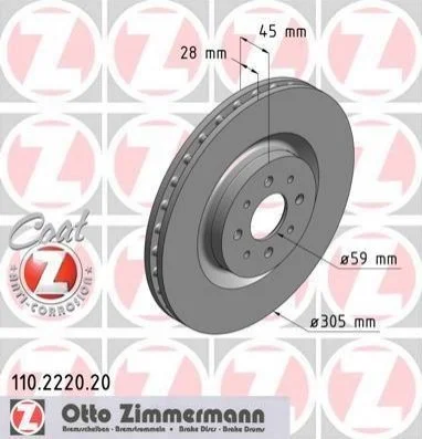 Торзмозной диск двухсторонний на передний мост вентилируемый 4 ZIMMERMANN 110.2220.20 (фото 1)
