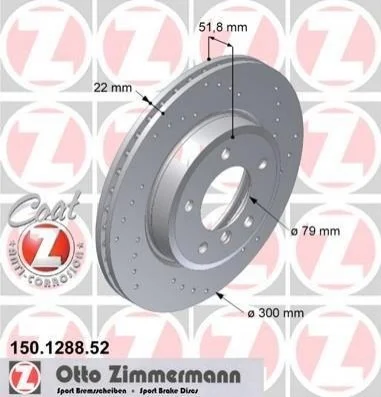 Торзмозной диск двухсторонний на передний мост вентилируемый 5 ZIMMERMANN 150.1288.52 (фото 1)