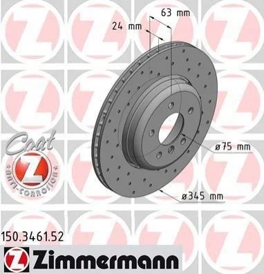 Торзмозной диск двухсторонний на задний мост вентилируемый 5 ZIMMERMANN 150.3461.52 (фото 1)