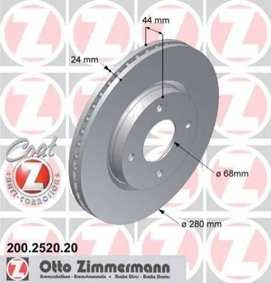 Гальмівний диск двосторонній на передній міст вентильований 4 ZIMMERMANN 200.2520.20 (фото 1)
