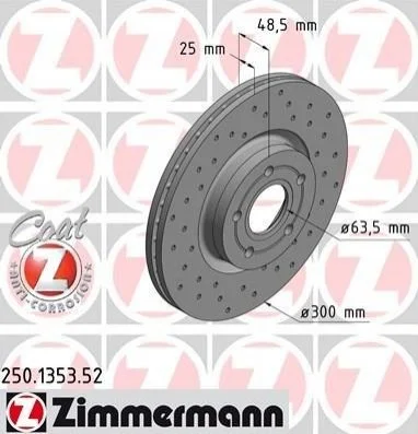 Торзмозной диск двухсторонний на передний мост вентилируемый 5 ZIMMERMANN 250.1353.52 (фото 1)