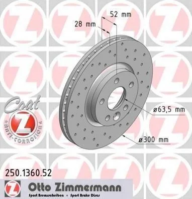 Гальмівний диск двосторонній на передній міст вентильований 5 ZIMMERMANN 250.1360.52 (фото 1)