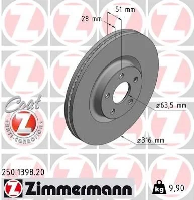 Торзмозной диск двухсторонний на передний мост вентилируемый 5 ZIMMERMANN 250.1398.20 (фото 1)