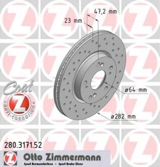 Гальмівний диск двосторонній на передній міст вентильований 5 ZIMMERMANN 280.3171.52