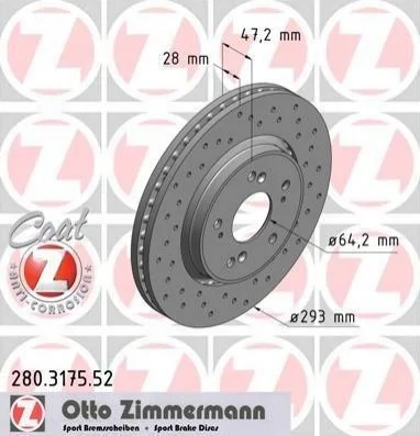 Гальмівний диск двосторонній на передній міст вентильований 5 ZIMMERMANN 280317552 (фото 1)