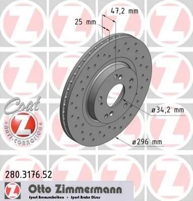Гальмівний диск двосторонній на передній міст вентильований 9 ZIMMERMANN 280.3176.52 (фото 1)