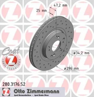Гальмівний диск двосторонній на передній міст вентильований 9 ZIMMERMANN 280.3176.52