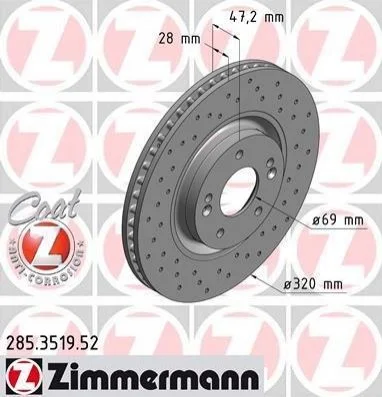 Гальмівний диск двосторонній на передній міст вентильований 5 ZIMMERMANN 285.3519.52 (фото 1)