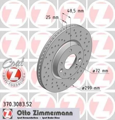 Торзмозной диск двухсторонний на передний мост вентилируемый 5 ZIMMERMANN 370.3083.52 (фото 1)