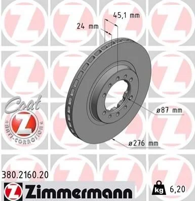 Торзмозной диск двухсторонний на передний мост вентилируемый 10 ZIMMERMANN 380.2160.20 (фото 1)