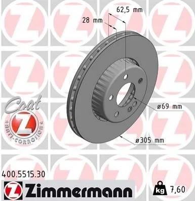 Гальмівний диск двосторонній на передній міст вентильований 5 ZIMMERMANN 400551530 (фото 1)