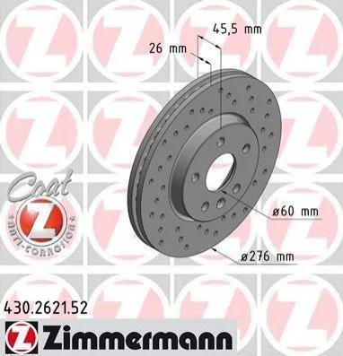 Торзмозной диск двухсторонний на передний мост вентилируемый 5 ZIMMERMANN 430.2621.52 (фото 1)