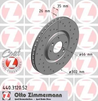 Торзмозной диск двухсторонний на передний мост вентилируемый 4 ZIMMERMANN 440.3120.52 (фото 1)