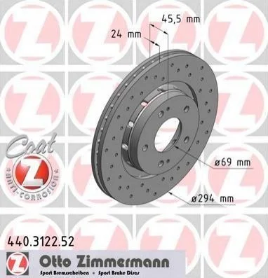 Торзмозной диск двухсторонний на передний мост вентилируемый 5 ZIMMERMANN 440312252 (фото 1)