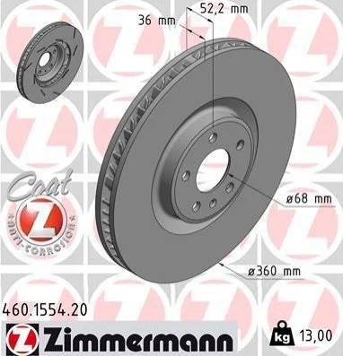 Торзмозной диск двухсторонний на передний мост вентилируемый 6 ZIMMERMANN 460155420 (фото 1)