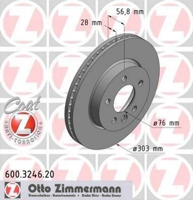 Гальмівний диск двосторонній на передній міст вентильований 6 ZIMMERMANN 600.3246.20 (фото 1)