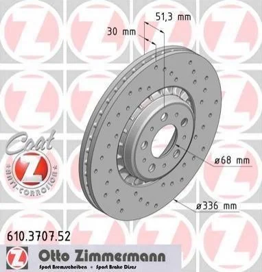 Гальмівний диск двосторонній на передній міст вентильований 10 ZIMMERMANN 610.3707.52 (фото 1)