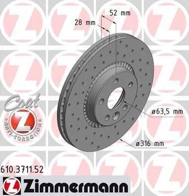 Торзмозной диск двухсторонний на передний мост вентилируемый 5 ZIMMERMANN 610371152 (фото 1)
