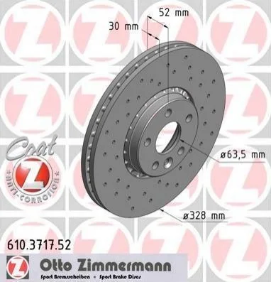 Торзмозной диск двухсторонний на передний мост вентилируемый 5 ZIMMERMANN 610.3717.52 (фото 1)